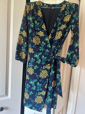 J. Crew Navy Floral Wrap Dress with Yellow and Teal Accents